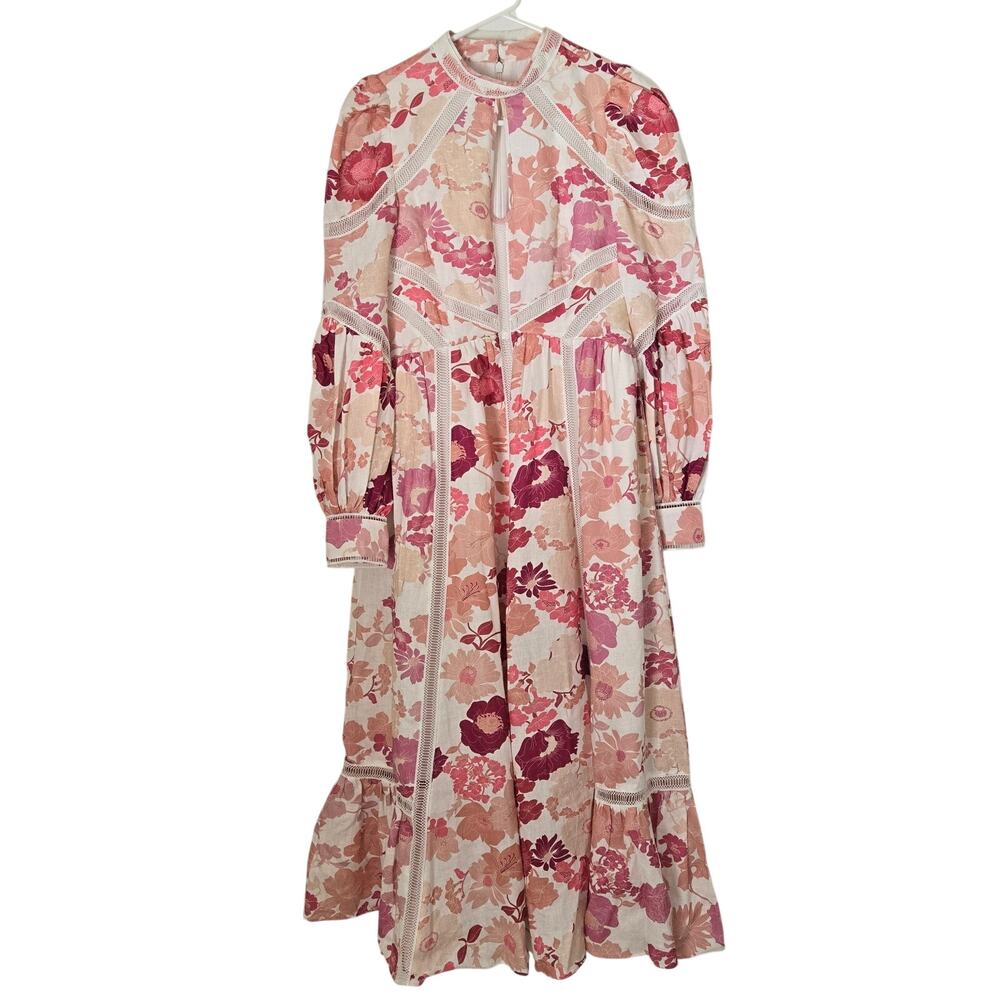 Ted Baker Denissa Linen Floral Midi Dress Pink Lace Cut Out Bishop Sleeve US 6 - Picture 4 of 15